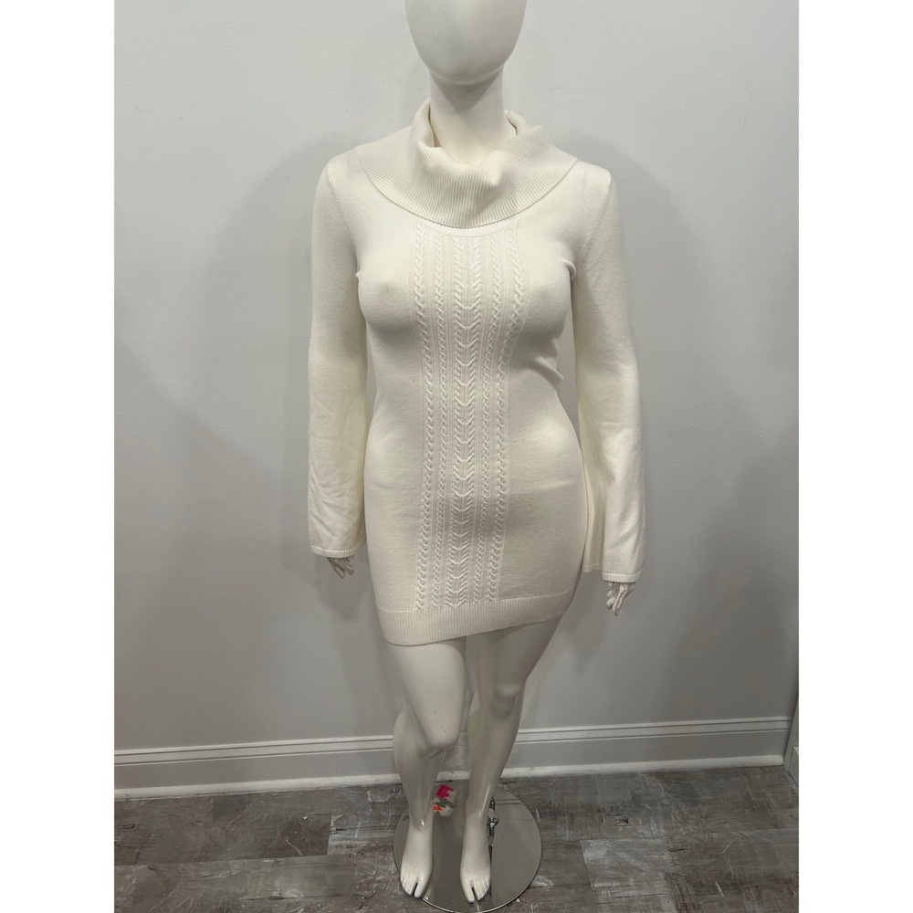 BCBGMAXAZRIA Sweater Dress Womens Large White NWOT Cowl Neck Cable Knit